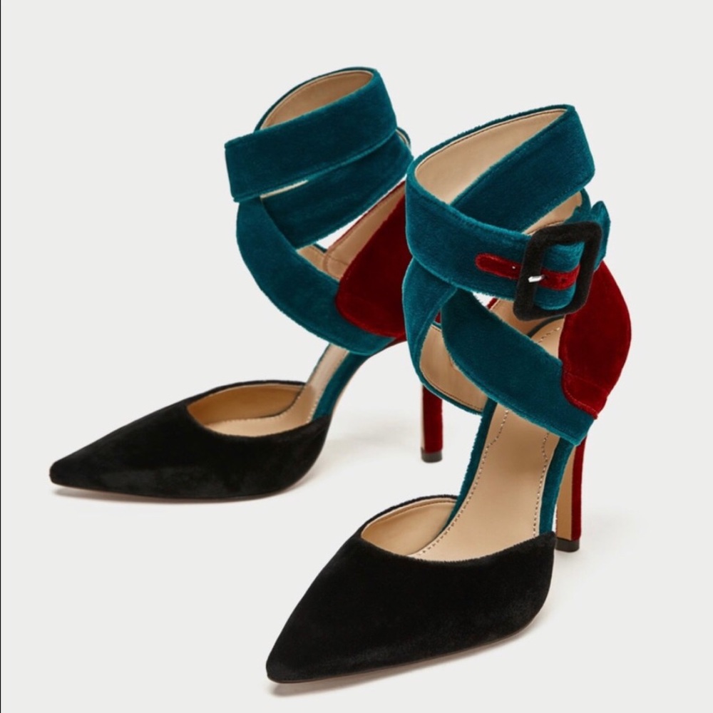Multi colored velvet strappy heels